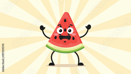 Scared cartoon watermelon slice character with hands raised on a warm yellow sunburst background for a playful summer illustration.