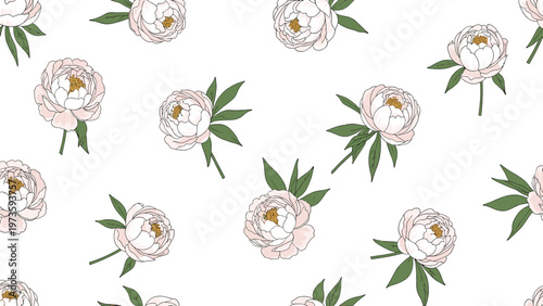 Beautiful seamless pattern featuring small pink peony flowers and green leaves scattered on a white background for feminine decor.