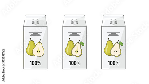 Set of three carton packages of pure pear juice showing a whole green fruit and a half cut on the front with 100 percent label.