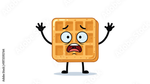 Surprised cartoon waffle character with blue eyes and an open mouth standing with hands raised in shock for a fun breakfast theme.