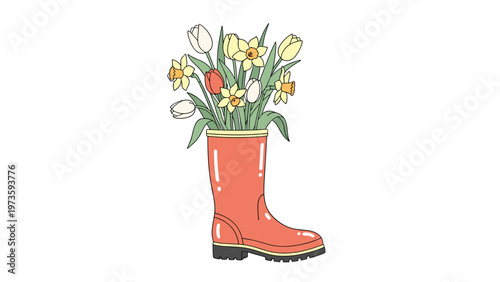 Hand drawn bouquet of colorful tulips and daffodils in a red rubber garden boot isolated on a white background for spring.