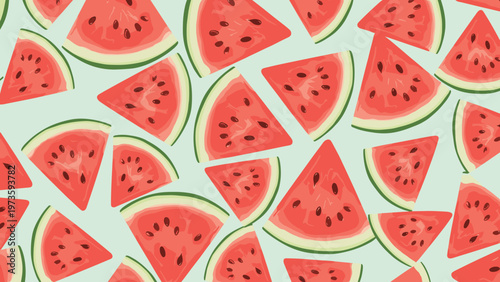 Pattern of sliced watermelon pieces with seeds and green rinds scattered over a light mint green background for summer themes.