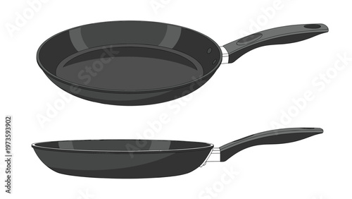 Two black non stick frying pans shown from top and side angles with long handles isolated on a white background.