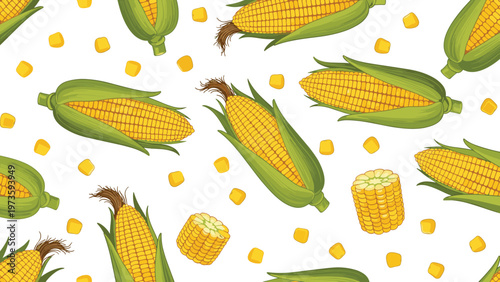 Seamless pattern of whole corn on the cob with husks and loose yellow kernels scattered on a white background.