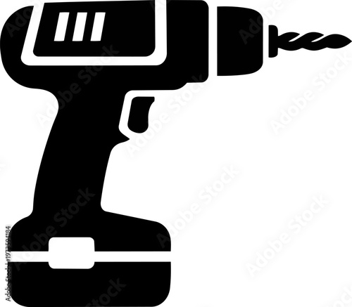 illustration of a drill tool icon. Minimal outline symbol representing construction, repair, DIY work, and power tools. Clean monochrome design isolated on white background.