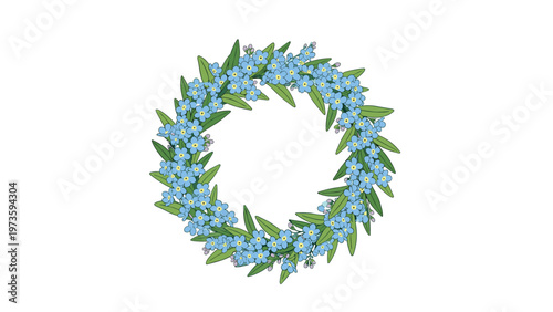 Beautiful floral wreath made of delicate blue forget-me-not flowers and green leaves arranged in a circular frame.