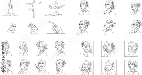Yoga and Meditation Icon Set Featuring Poses, Floral Hairstyles, and Tranquil Portraits for Wellness, Mindfulness, and Fitness Designs