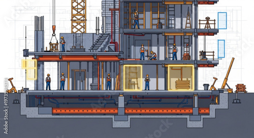 Cross section of a modern industrial building with workers and equipment inside