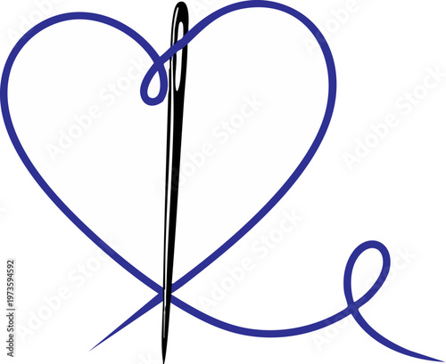 Minimalist sewing needle vector with blue thread heart, creative tailoring logo icon, handmade craft and embroidery concept illustration