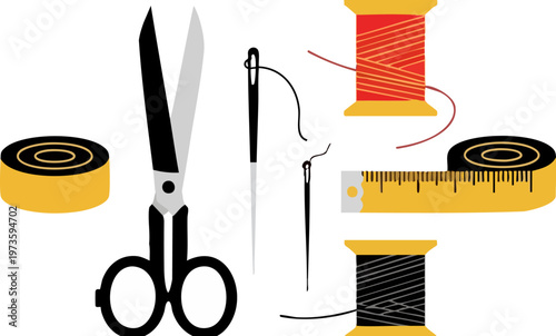 Tailoring and sewing tools vector set, professional dressmaking equipment with scissors and thread spools, needle and measuring tape icons