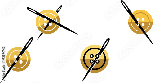 Minimalist sewing needle and gold button icons, elegant tailor shop logo elements, professional dressmaker equipment vector set for fashion branding