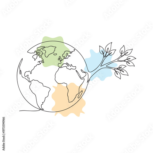 Hand-drawn globe with blooming branch symbolizing global growth and nature