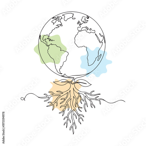 hand drawn world map with roots symbolizing global growth and sustainability