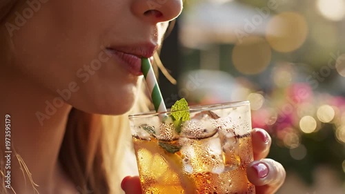 Woman sips refreshing iced drink with straw outdoors in sun