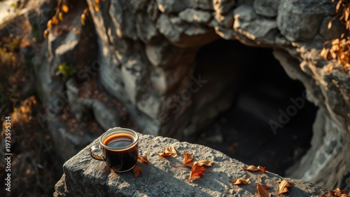 Morning coffee in autumn nature, mug on stone near cave entrance
