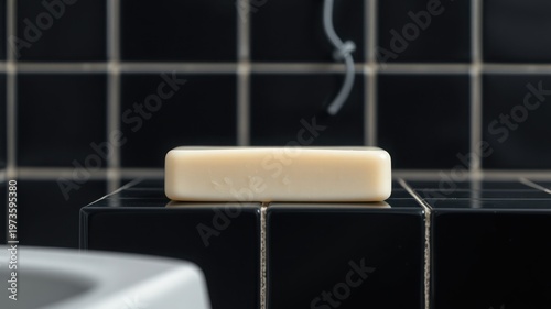 bar of soap on black bathroom tiles