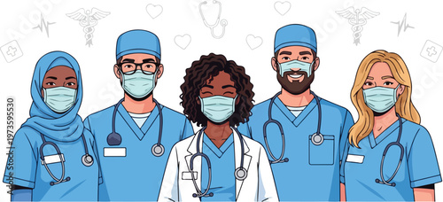 Diverse healthcare workers wearing masks in a hospital setting.