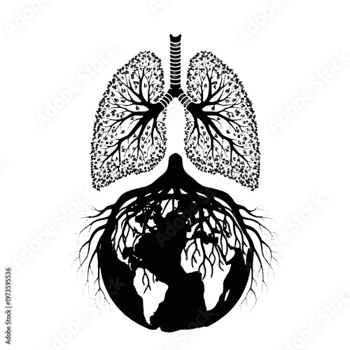 Lungs shaped like a tree with roots connected to planet earth isolated on transparent background