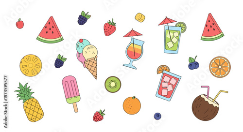 Summer Food and Drink Vector Illustration Set, Tropical Fruits, Cocktails, Ice Cream, and Refreshments Isolated on White Background.
