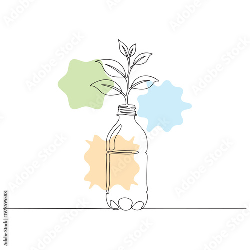 Hand-drawn sprouting plant in recycled glass bottle on minimalist shelf