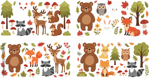 Cute forest animal collection with bear, fox, deer and woodland elements, autumn nature illustrations in colorful vector set