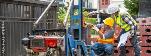 Construction workers collaborating with safety gear on a busy building site with equipment and scaffolding under clear sky du daylight hours