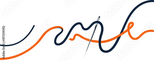 Minimalist sewing needle and thread vector illustration, elegant navy blue and orange wavy lines, tailor and fashion design concept graphic