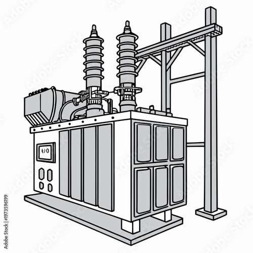 A detailed line drawing depicts a large electrical transformer with cooling fins and supporting metal framework high quality professional modern