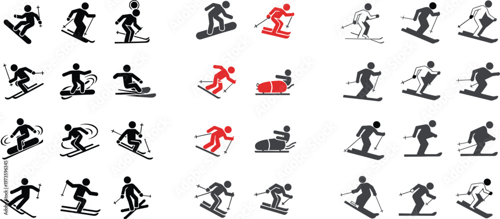 Fototapeta premium Skiing silhouette collection with various winter sport poses and actions, dynamic skier icons in black and red vector set