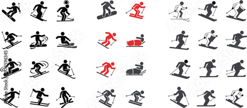 Skiing silhouette collection with various winter sport poses and actions, dynamic skier icons in black and red vector set