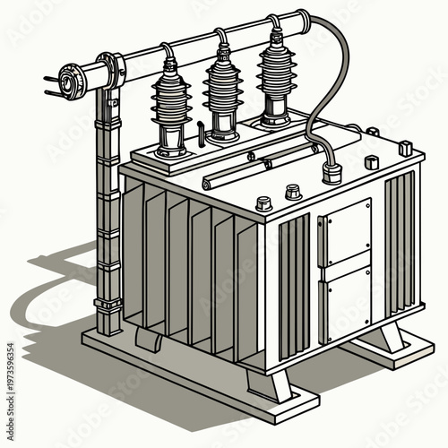 A detailed illustration depicts a large electrical transformer with multiple insulators cooling fins and connecting hardware high quality professional modern
