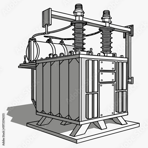 A detailed black and white illustration depicts a large electrical transformer with visible insulators cooling fins and a grounded base