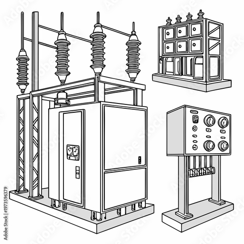 A detailed line drawing illustrates a high voltage electrical substation with transformers switchgear and control panels high quality professional modern