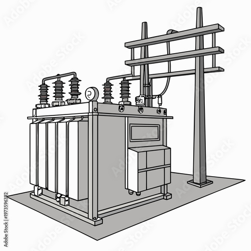A detailed line drawing showcases a large electrical transformer with insulators cooling fins and supporting metal structures high quality professional