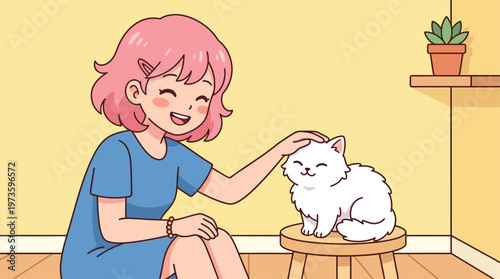 An adorable anime girl with a joyful expression interacts with her fluffy white cat in this charming flat design illustration. Perfect for themes of companionship and happiness.