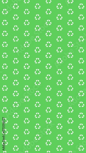 Animated Seamless Pattern Of White Recycling Symbols With Vortex Animation On A Green Background, 9:16 Vertical Video
