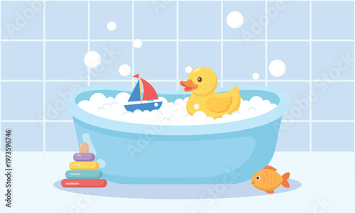 Colorful vector illustration of kids bath time scene with bathtub, rubber duck, bubbles, and playful toys in a bathroom setting.