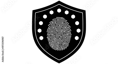 Biometric Fingerprint Security Shield Vector, Black and White Cyber Identity Protection Line Art, Digital Network Access Control and Privacy Asset on White Background for Commercial Design

