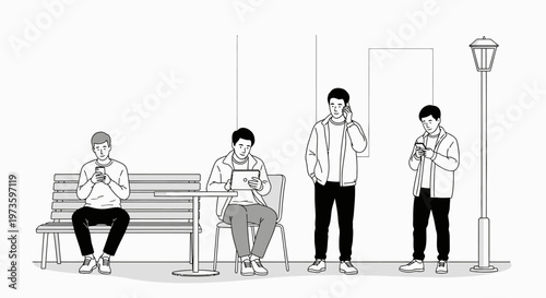 Group of Young Men Using Smartphones and Tablets in an Urban Street Setting