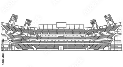 Empty Sports Stadium with Grandstands and Floodlights on Isolated White Background