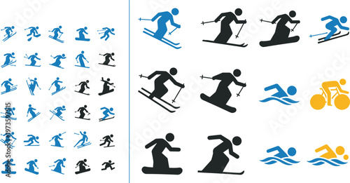 Winter sports icon collection with skiing, snowboarding, swimming and cycling activities, dynamic athlete silhouettes in vector illustration set