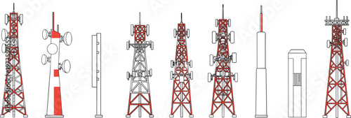 Vector illustration of communication towers and antenna structures including lattice, cylindrical, and dish designs for telecommunication
