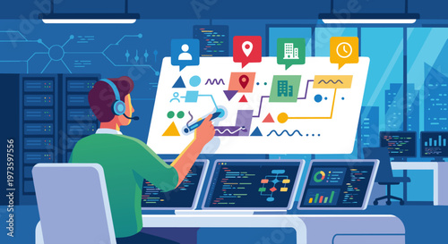 A 2D flat vector graphic of an NLP Engineer using a digital stylus to highlight blocks within a floating paragraph of abstract shapes and lines. 
