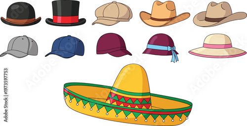 Diverse Headwear and Hat Collection Vector Set Featuring Sombrero, Cowboy Hats, Top Hat, Bowler, Baseball Caps, and Sun Hats for Fashion Illustration, Icons, and Apparel Design