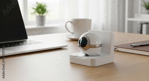 Smart Home Robot on Desk with Laptop and Coffee Cup