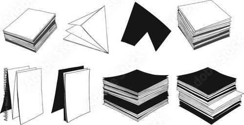 Paper stack and folded sheet collection with various document shapes, office stationery elements in black vector illustration set