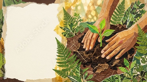 Artistic paper collage illustration of hands planting a young sprout in soil with copy space for environmental conservation.