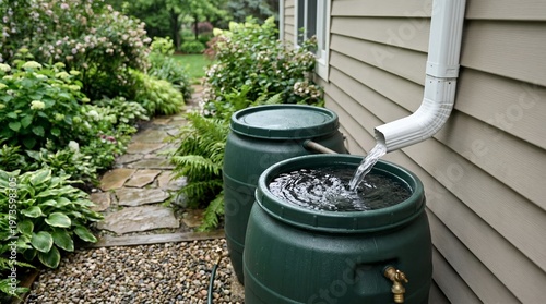 Green rain barrels collecting water from a white downspout in a lush backyard garden setting, representing sustainable water management and illustrating eco-friendly irrigation solutions