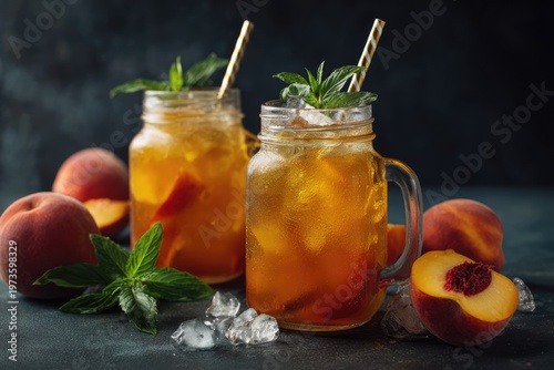 Refreshing Peach Iced Tea in Mason Jars with Fresh Peaches and Mint.