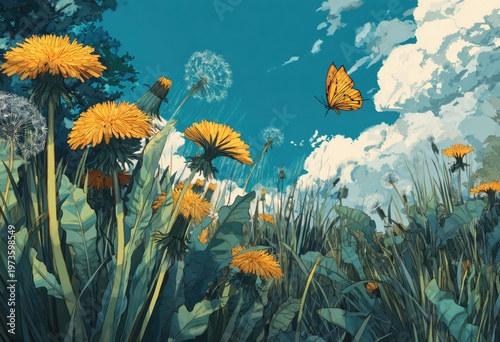 Vibrant Dandelions and Butterflies in a Lush Meadow Under a Blue Sky.